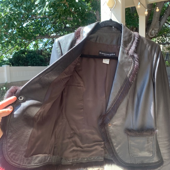 Bianca Nygard genuine leather with genuine fur trim one button blazer brown 6 - Picture 8 of 15